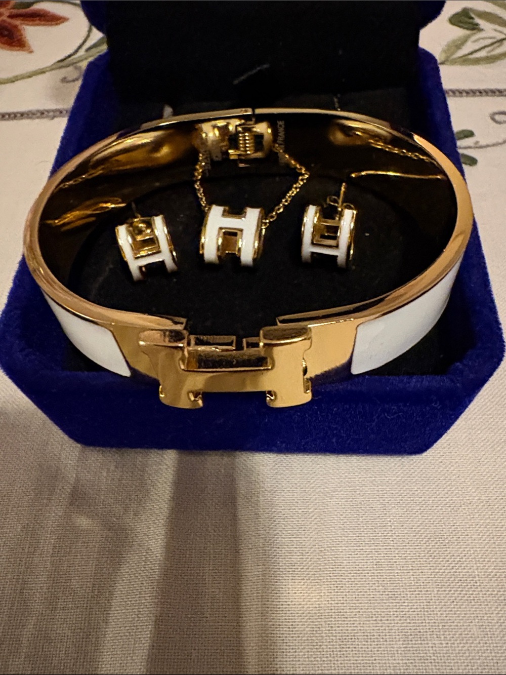White Enamel Necklace, Earrings and Bangle
